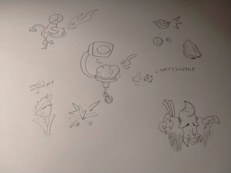The original concept art for the 2nd prototype of the Manager, along with concept art of various other unknown enemies.